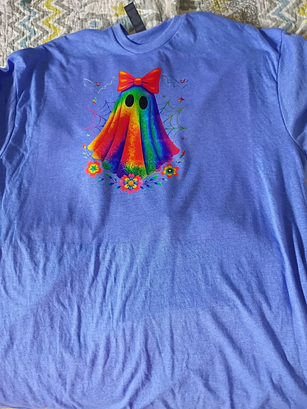 Soft Style Blue Tee with Rainbow Ghost Graphic